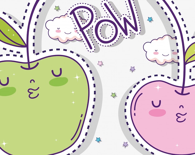 Pareja de manzanas kawaii con nubes y estrellas