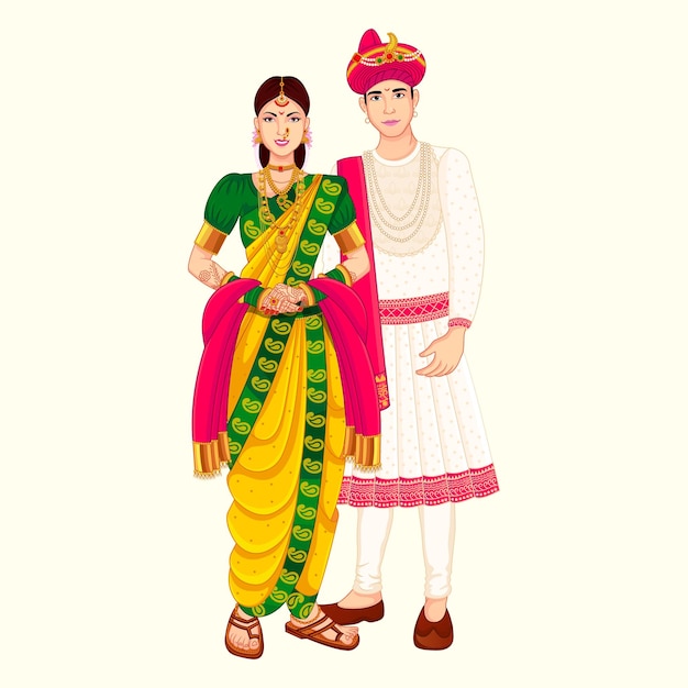 Vector pareja marathi de pie con peshwa busca boda india