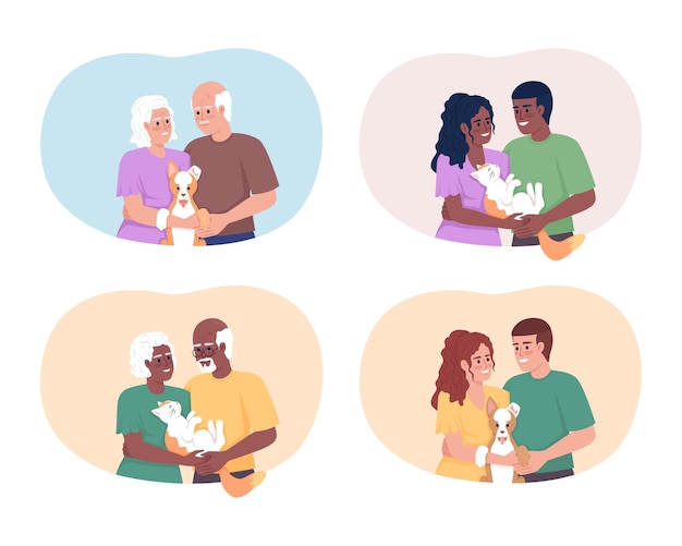Pareja con mascota familiar 2D vector aislado conjunto de ilustración