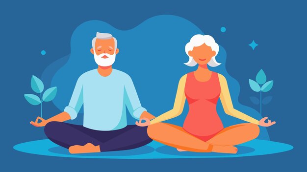 Vector una pareja mayor practica ejercicios de respiración consciente juntos en terapia aprendiendo a reconectarse y
