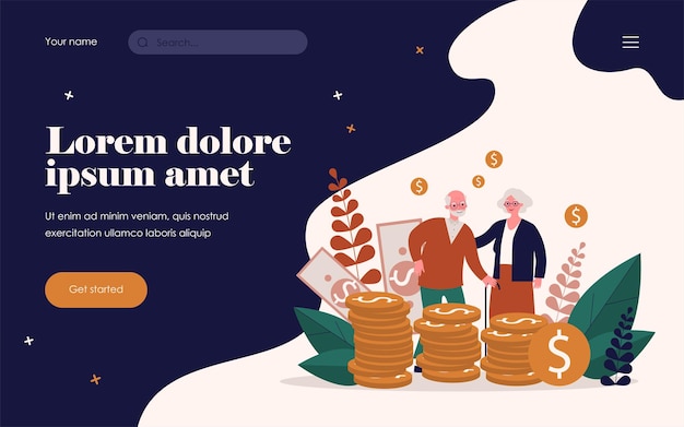 Pareja mayor con sus ahorros. anciano y mujer de pie en el montón de dinero en efectivo ilustración vectorial plana. dinero, jubilación, concepto de finanzas para banner, diseño de sitio web o página web de destino