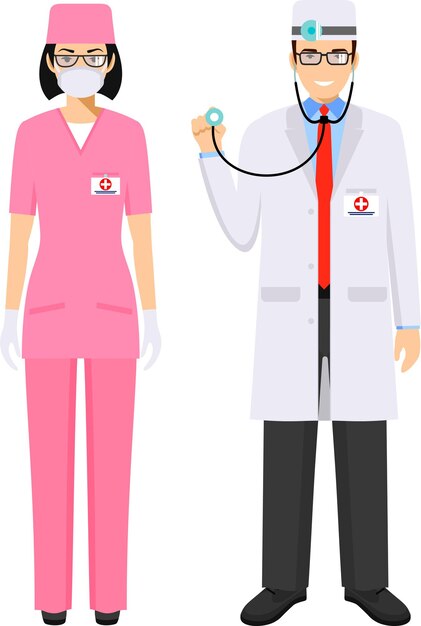 Vector una pareja de médicos de emergencia, un hombre y una mujer enfermera, de pie juntos, con un ícono de máscara protectora.