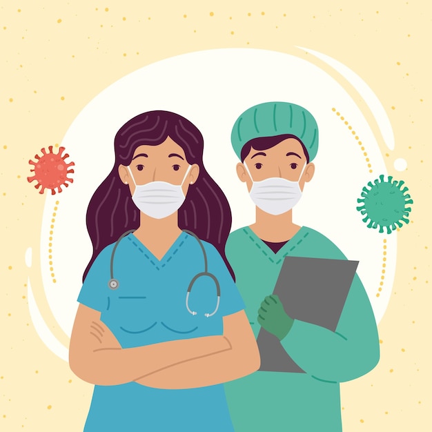 Pareja de médicos y personajes de partículas covid19.