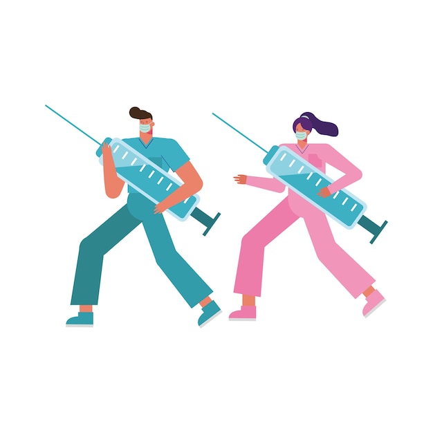 pareja de médicos profesionales con máscaras médicas levantando inyecciones ilustración