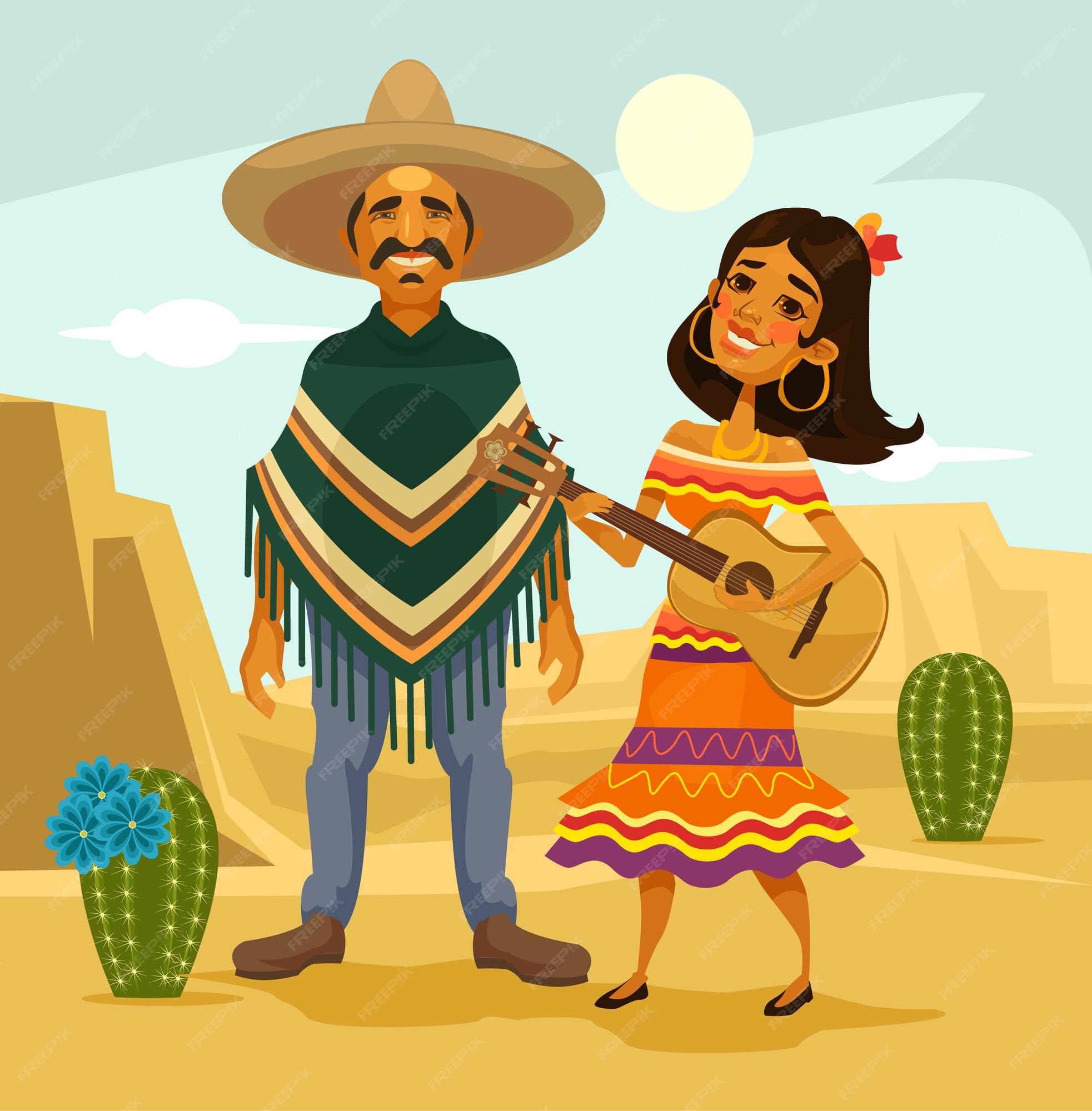 Pareja mexicana. ilustración de dibujos animados plana | Vector Premium