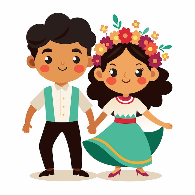 Vector una pareja mexicana linda con trajes tradicionales, un niño y una niña de dibujos animados bailando, una pareja de bailarines mexicanos.