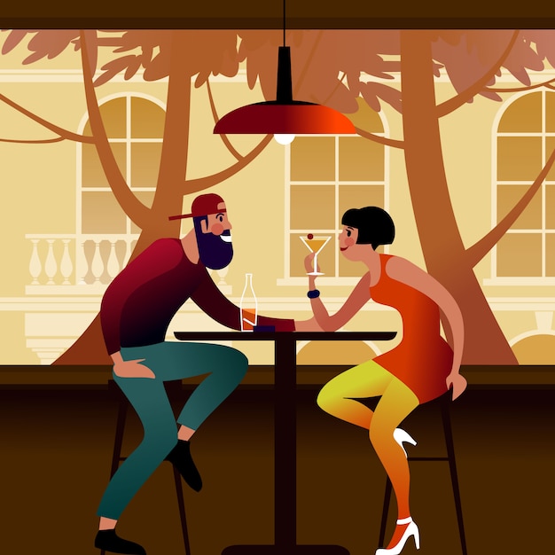 Pareja milenaria en una mesa en un café de verano. Ilustración plana