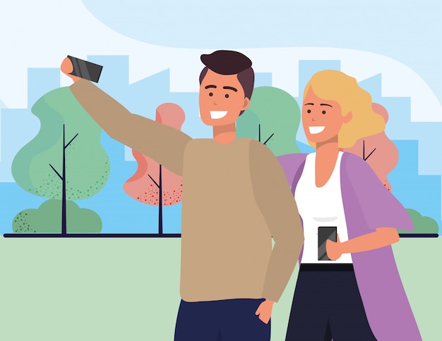 Pareja milenaria smartphone tomando selfie al aire libre