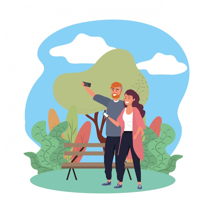 Vector pareja milenaria sonriendo selfie banco del parque n naturaleza splarsh frame