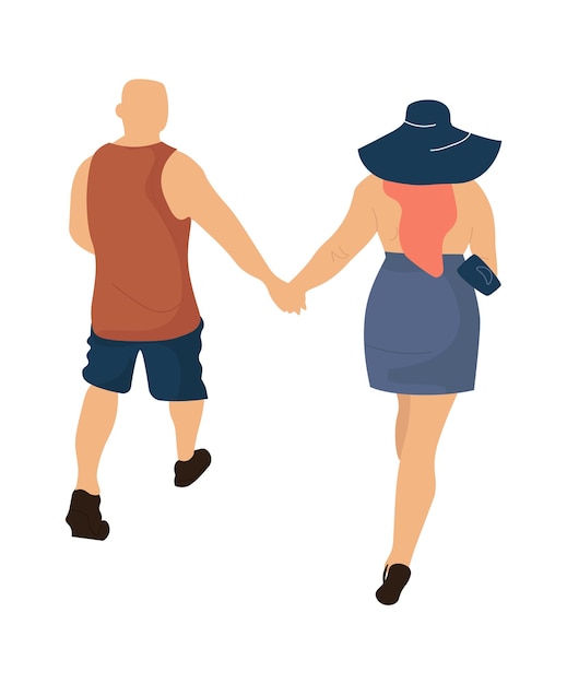 Vector pareja de moda. gente de romance de dibujos animados de ilustración vectorial caminando. vista posterior romántica pareja elegante de vacaciones