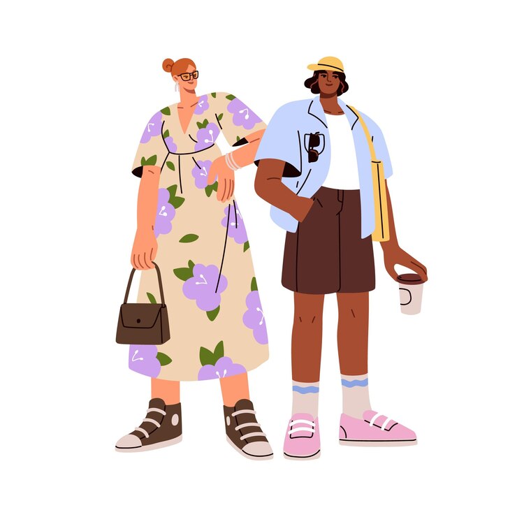 Vector pareja moderna en traje de verano hombre y mujer jóvenes y elegantes con ropa de moda ropa de moda hombre en pantalones cortos chica en vestido y zapatillas de deporte ilustración vectorial plana aislada sobre fondo blanco