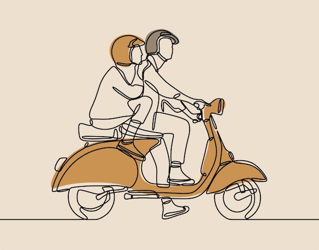 Pareja montando un arte de línea continua en línea de motor de scooter clásico