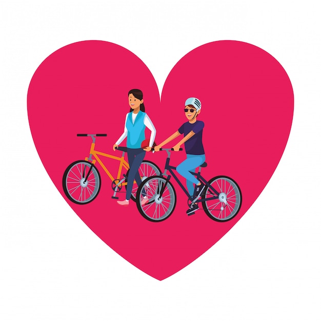 Vector pareja montando bicicle icono de corazon