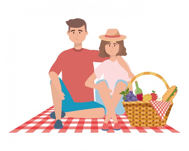 Vector pareja de mujer y hombre haciendo picnic