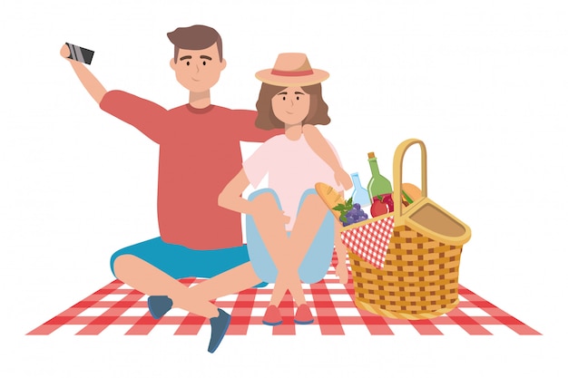 Vector pareja de mujer y hombre haciendo picnic