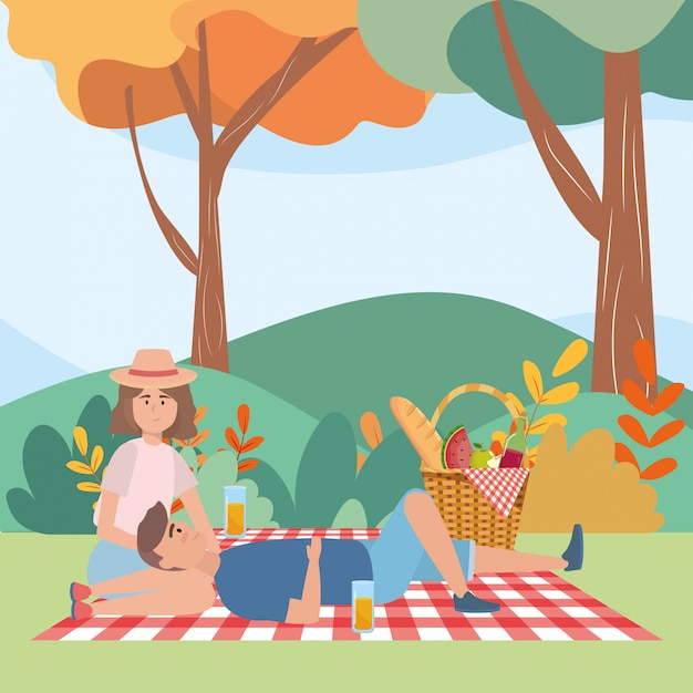 Vector pareja de mujer y hombre haciendo picnic