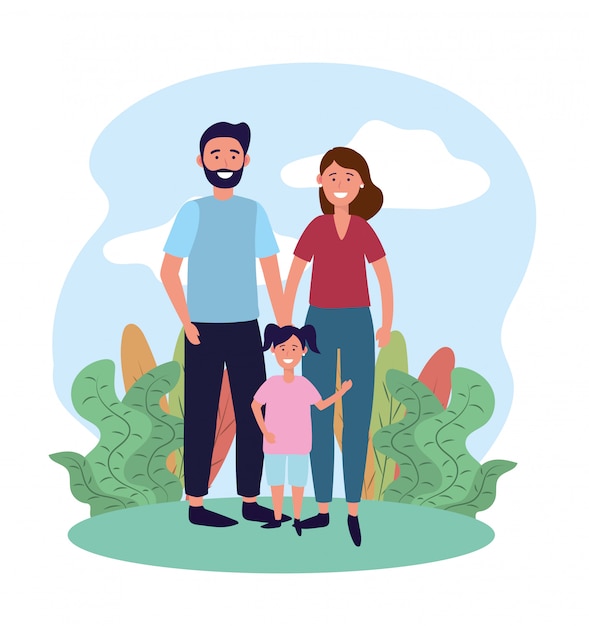 Vector pareja mujer y hombre con su hija y plantas.