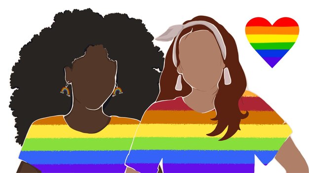 Pareja de mujeres vestidas con camisetas de arco iris de apoyo a los derechos humanos lgbt Ilustración plana