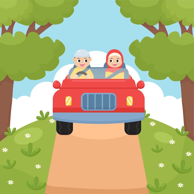 Una pareja musulmana en un coche rojo en un viaje por carretera