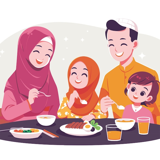 Una pareja musulmana comiendo ilustraciones vectoriales de alimentos en fondo blanco