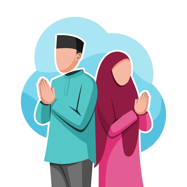 Vector pareja musulmana deseando feliz eid mubarak ilustración plana