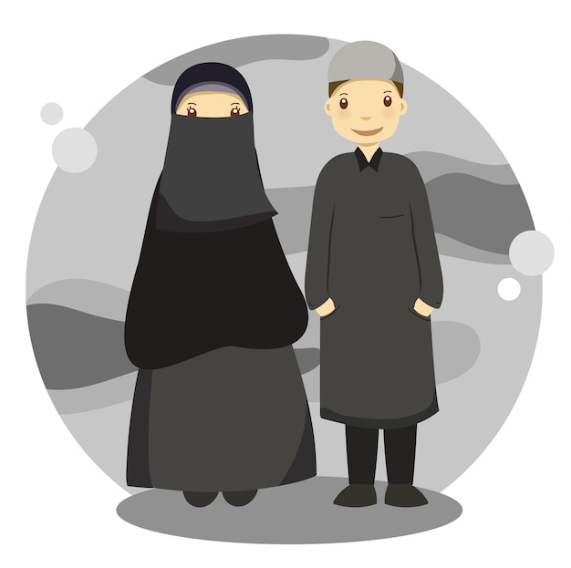 Pareja musulmana dibujada a mano con niqab dando el vector de diseño de saludos