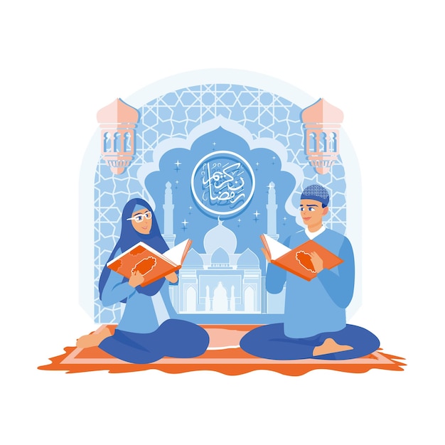 Pareja musulmana leyendo y estudiando el Corán Mezquita y colgando linternas como decoración Ramadán Kareem concepto Ilustración vectorial plana