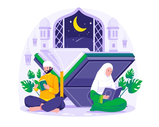 Pareja musulmana leyendo y estudiando el Corán en la mezquita durante la ilustración de Ramadán