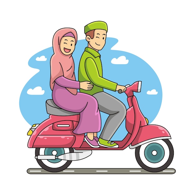 Pareja musulmana montando un scooter de dibujos animados ilustración de icono de vector de pareja aislado en vector premium