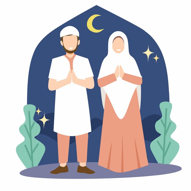 Vector una pareja musulmana está parada frente a la luna y las estrellas.