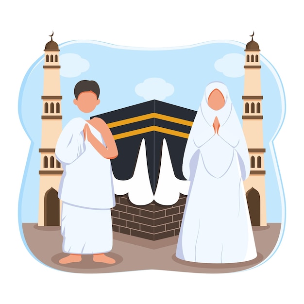 Pareja musulmana realizando el Hajj de pie frente a la Kaaba