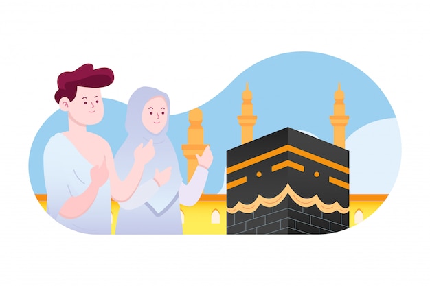 Vector pareja musulmana rezando frente a kaaba mecca concept art