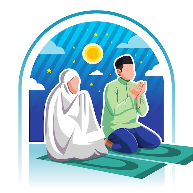 Pareja musulmana rezando ilustración plana