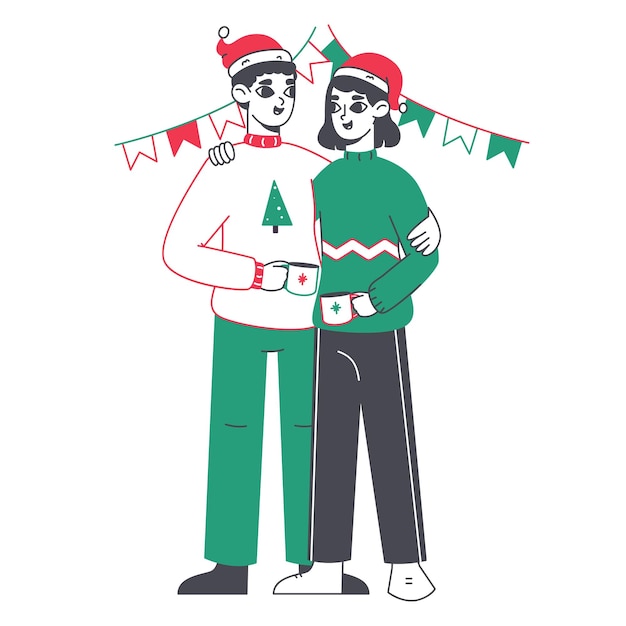 Pareja de Navidad Gente feliz celebrando la Navidad Familia linda disfrutando de las vacaciones de invierno Ilustración vectorial plana