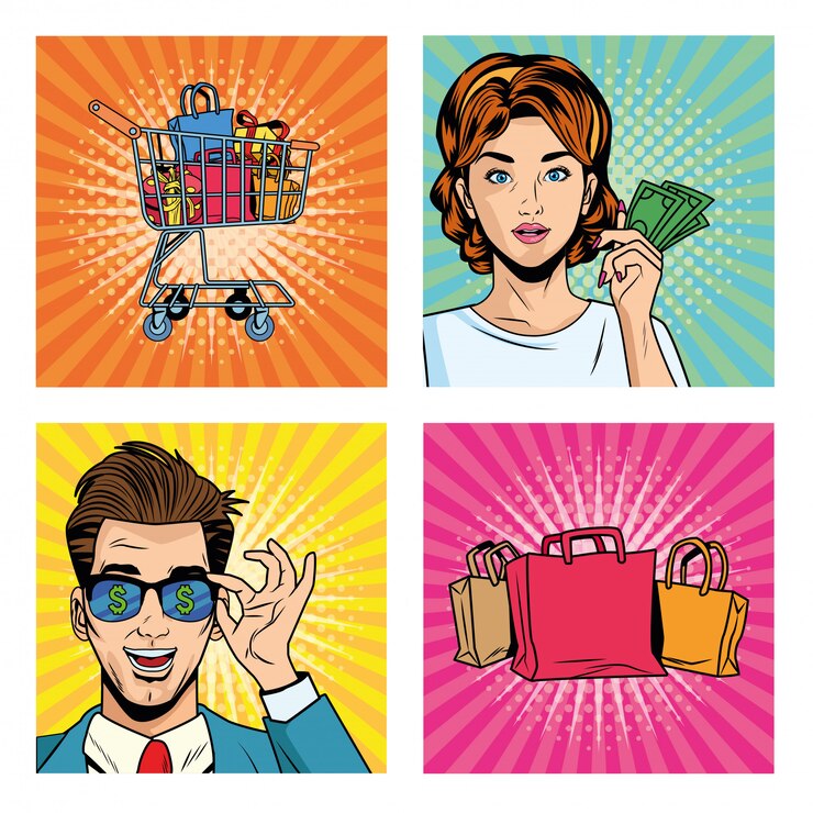 Vector pareja de negocios con bolsas de compras e iconos estilo pop art