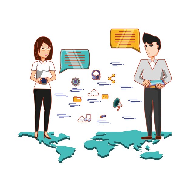 pareja de negocios con iconos de redes sociales