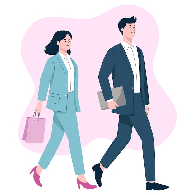 Una pareja de negocios con ropa formal caminando juntos a una reunión