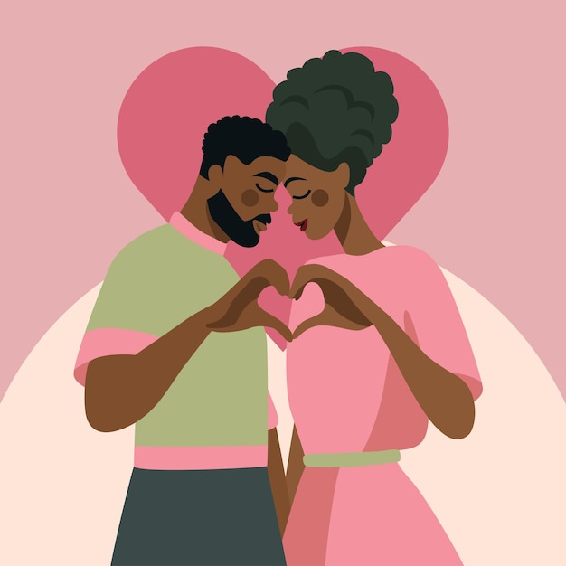 Pareja negra haciendo manos de corazón símbolo de amor de San Valentín rosa Ilustración