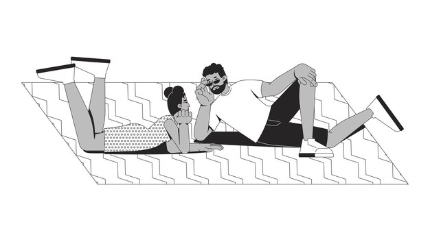Una pareja negra relajándose en una manta de picnic personajes de línea 2D