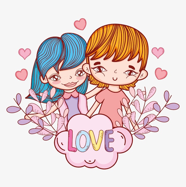 Vector pareja de niño y niña con corazones y plantas.