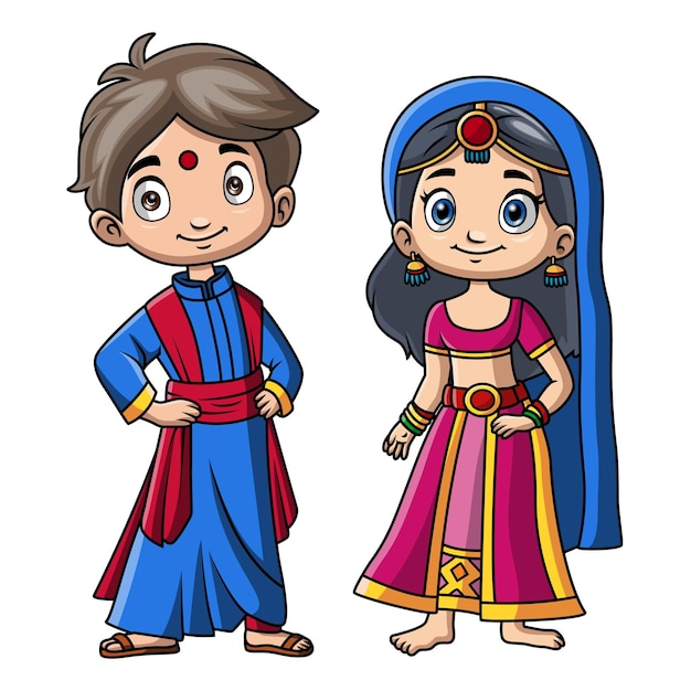 Una pareja de niños de dibujos animados con disfraces de la India