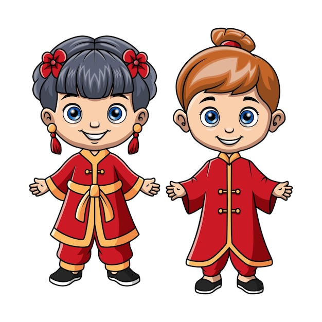 Una pareja de niños de dibujos animados con disfraces de porcelana