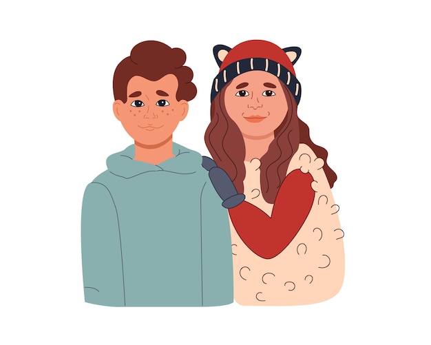 Vector pareja de niños felices, retrato facial. pequeño niño y niña sonrientes. mejores amigos, lindo estudiante de compañeros de clase