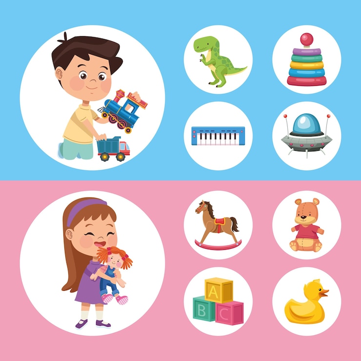 Vector pareja de niños y juguetes