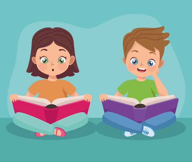 Pareja de niños leyendo libros