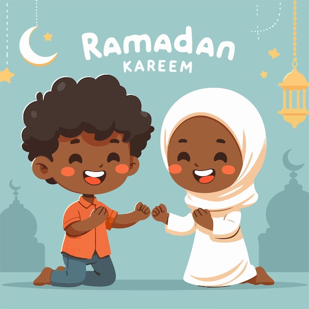 Una pareja de niños musulmanes con texto de Ramadán Kareem con un estilo de diseño plano simple