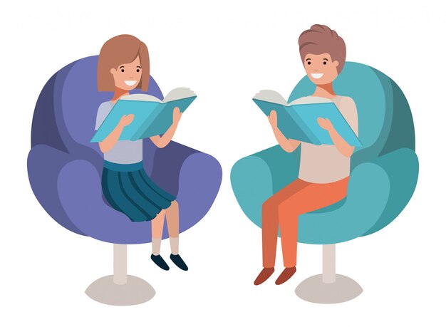 Pareja de niños sentados en el sofá con personaje de avatar de libro