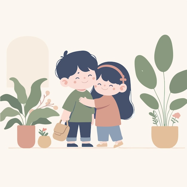 Una pareja de niños vectoriales abrazándose con un estilo de diseño plano simple y minimalista