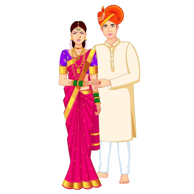 Vector pareja de novios indios de pie con ropa tradicional sari y kurta