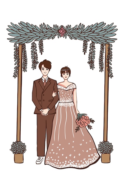 pareja de novios novia y novio tema marrón dibujado a mano ilustración